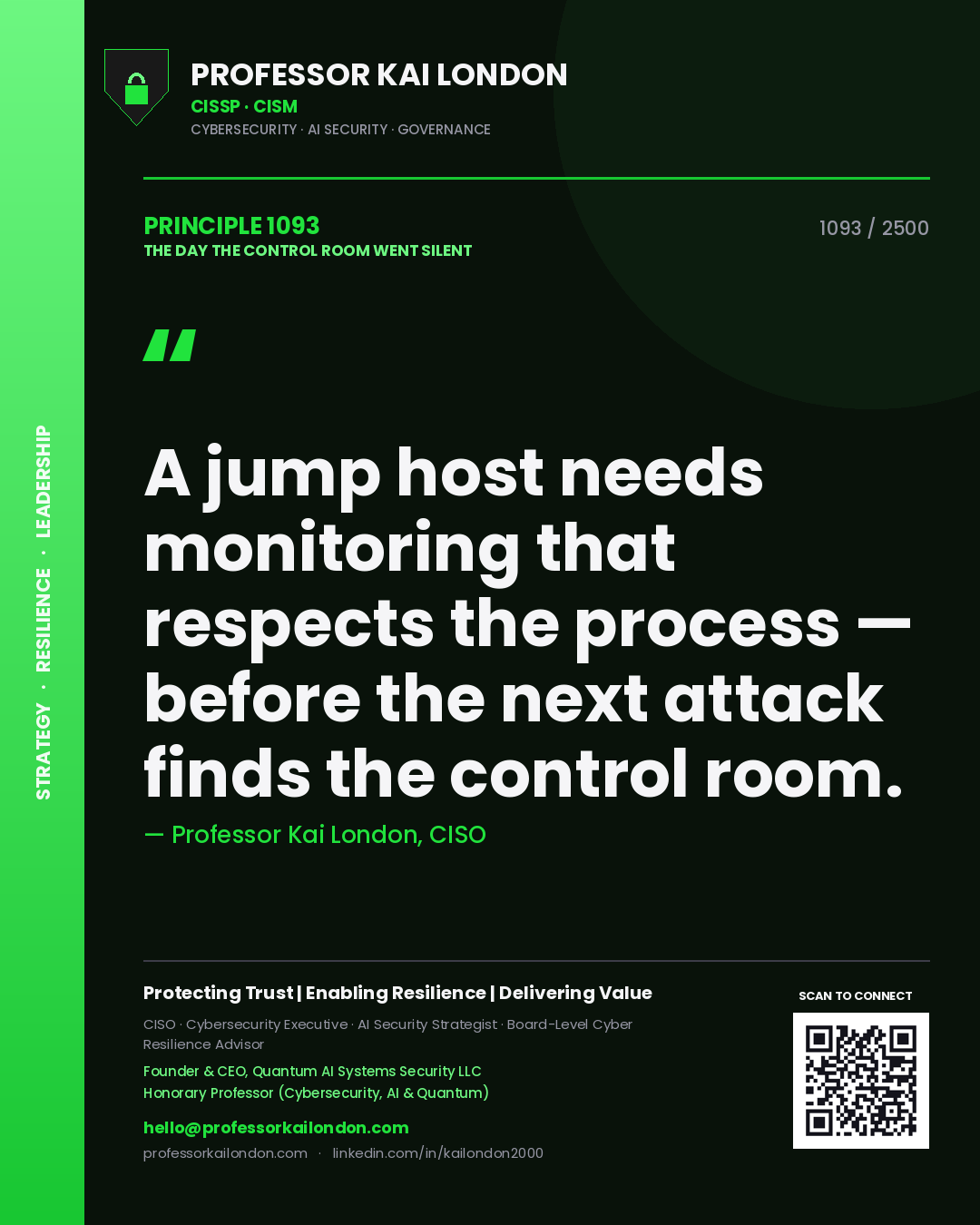 Professor Kai London principle 1093: A jump host needs monitoring that respects the process — before the next attack finds the control room.