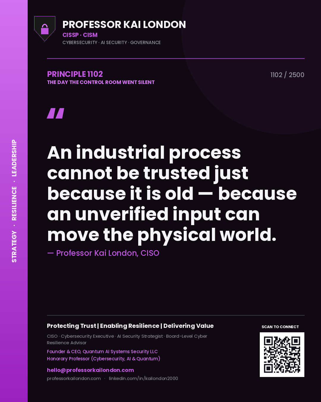 Professor Kai London principle 1102: An industrial process cannot be trusted just because it is old — because an unverified input can move the physical world.