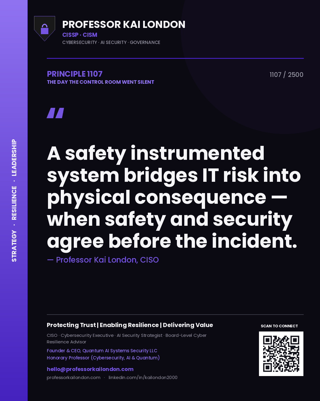 Professor Kai London principle 1107: A safety instrumented system bridges IT risk into physical consequence — when safety and security agree before the incident.