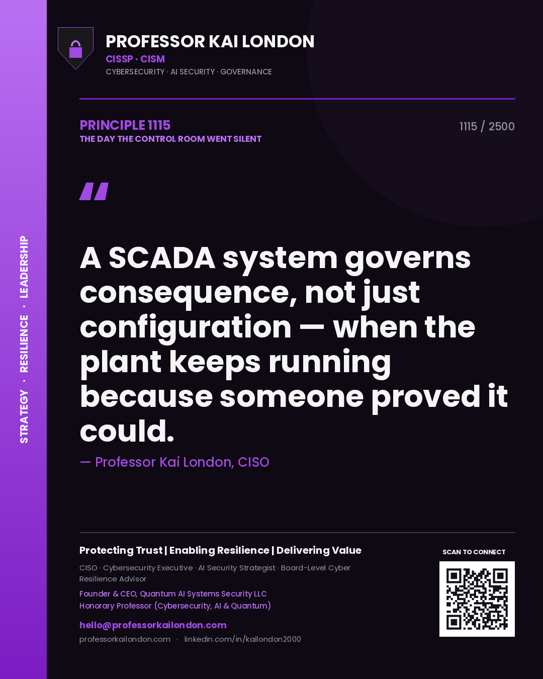 Professor Kai London principle 1115: A SCADA system governs consequence, not just configuration — when the plant keeps running because someone proved it could.