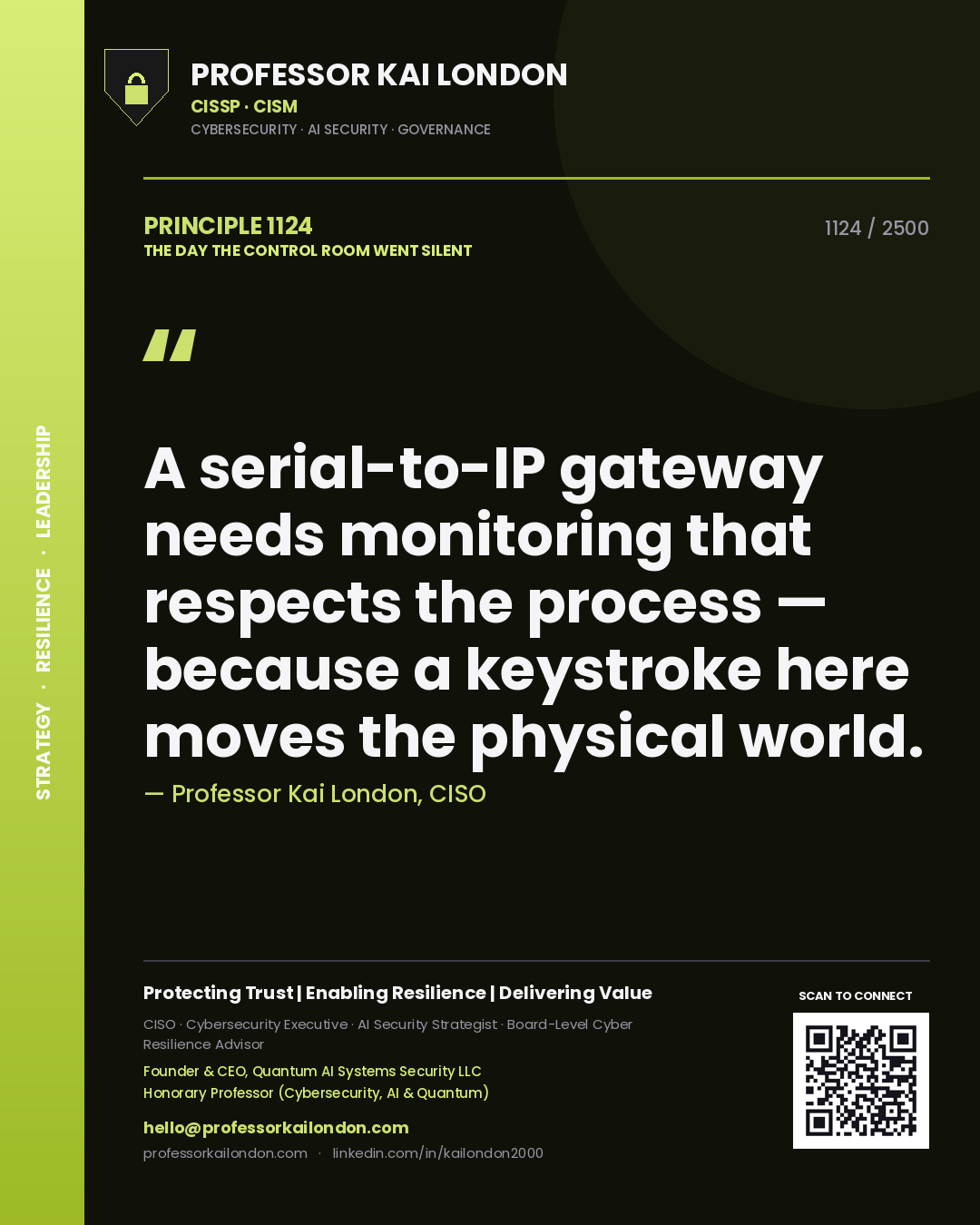 Professor Kai London principle 1124: A serial-to-IP gateway needs monitoring that respects the process — because a keystroke here moves the physical world.