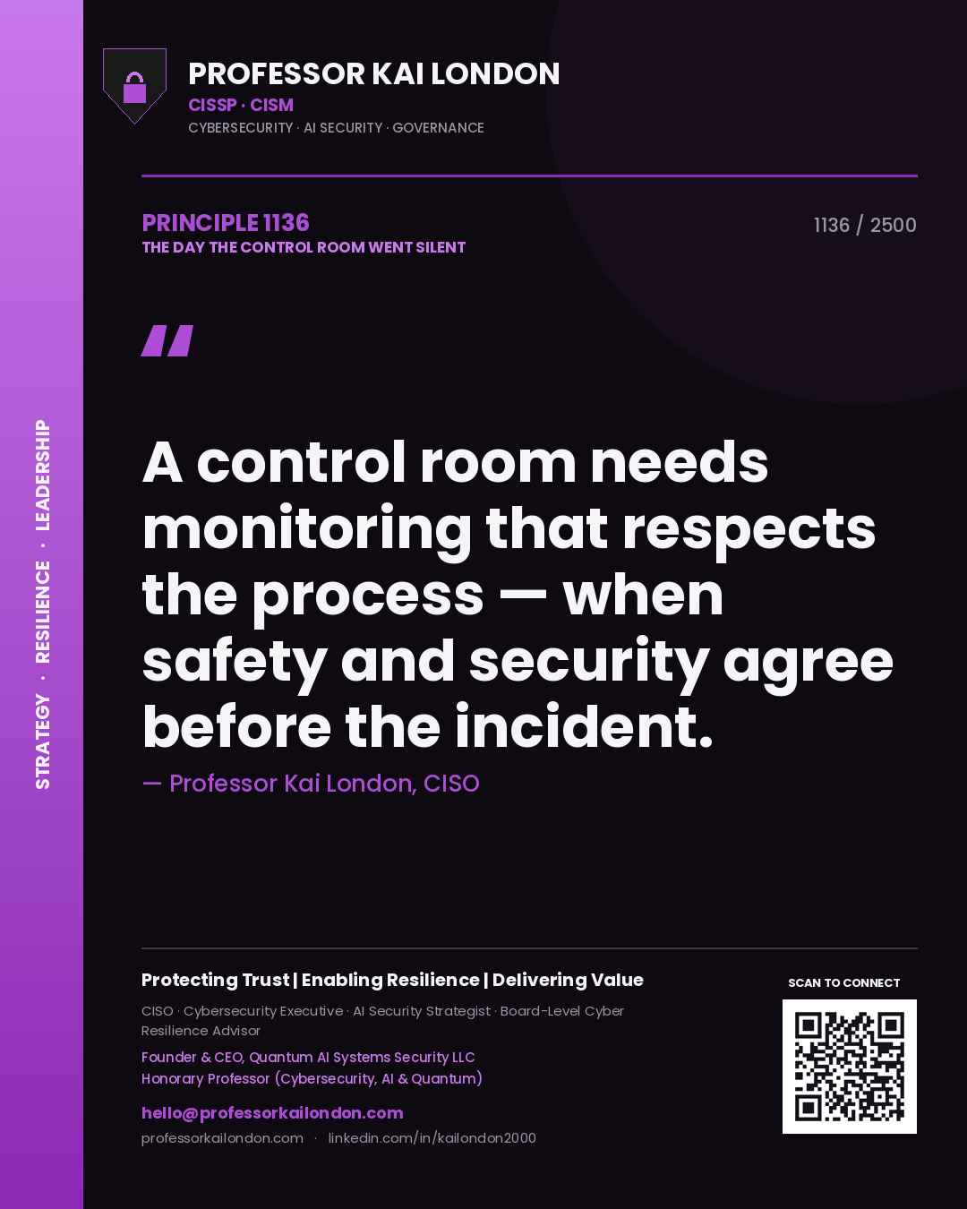 Professor Kai London principle 1136: A control room needs monitoring that respects the process — when safety and security agree before the incident.