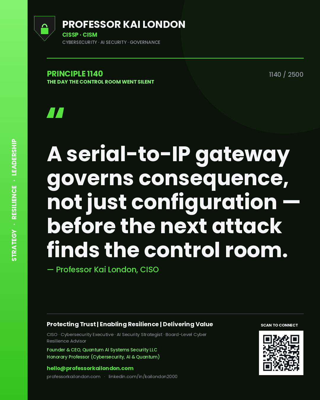 Professor Kai London principle 1140: A serial-to-IP gateway governs consequence, not just configuration — before the next attack finds the control room.