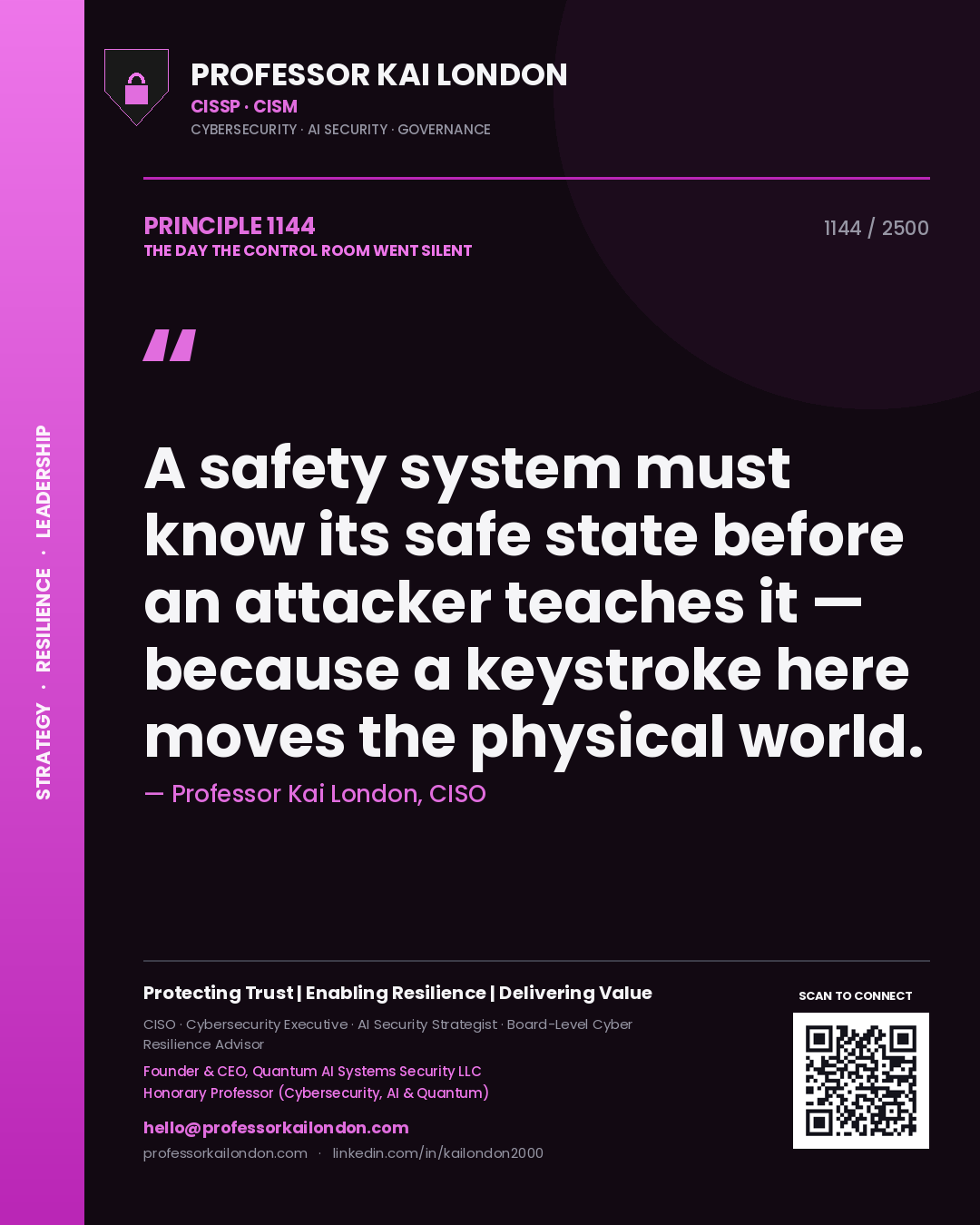Professor Kai London principle 1144: A safety system must know its safe state before an attacker teaches it — because a keystroke here moves the physical world.