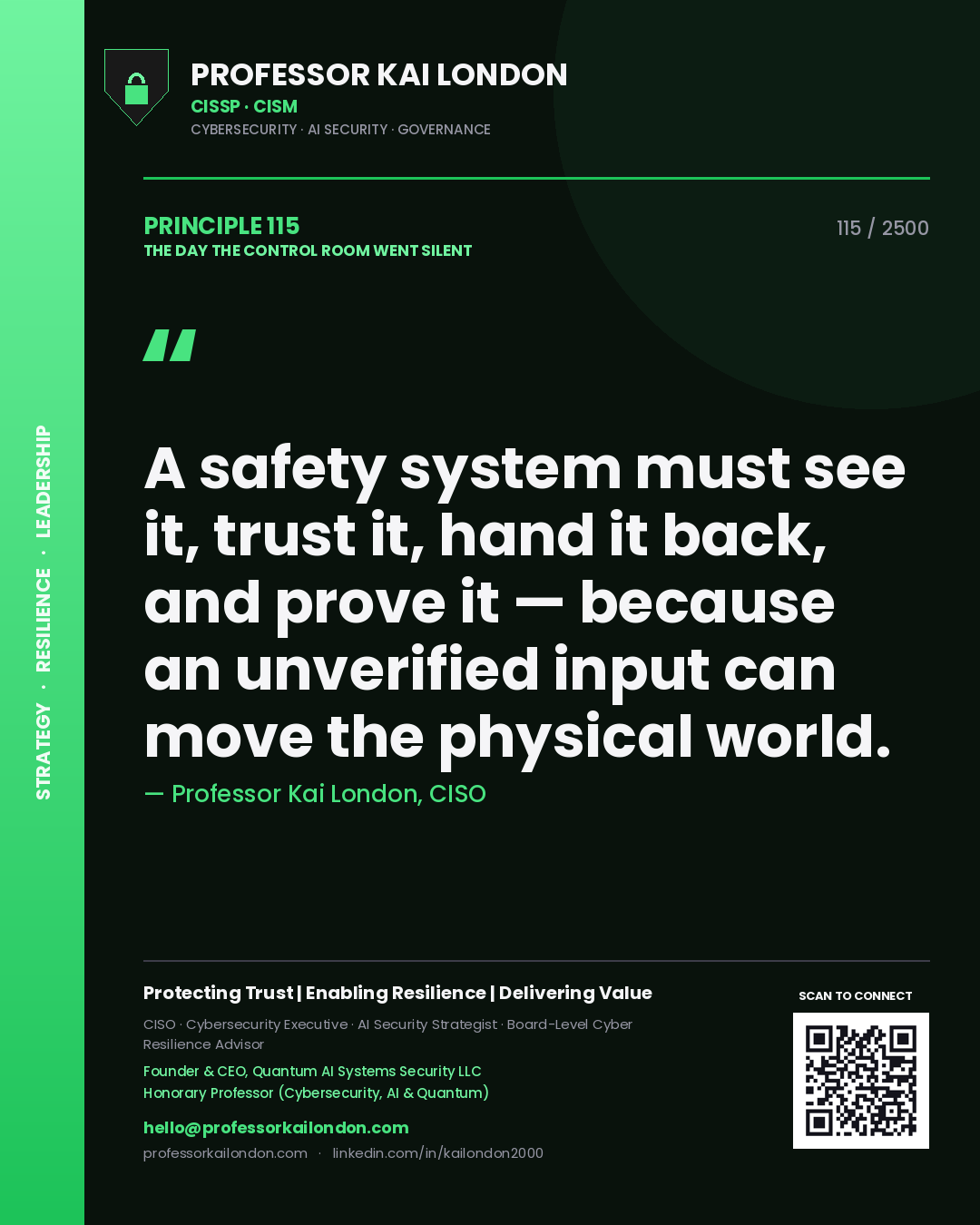 Professor Kai London principle 115: A safety system must see it, trust it, hand it back, and prove it — because an unverified input can move the physical world.