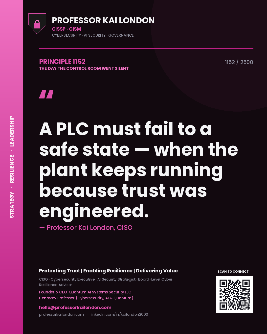 Professor Kai London principle 1152: A PLC must fail to a safe state — when the plant keeps running because trust was engineered.