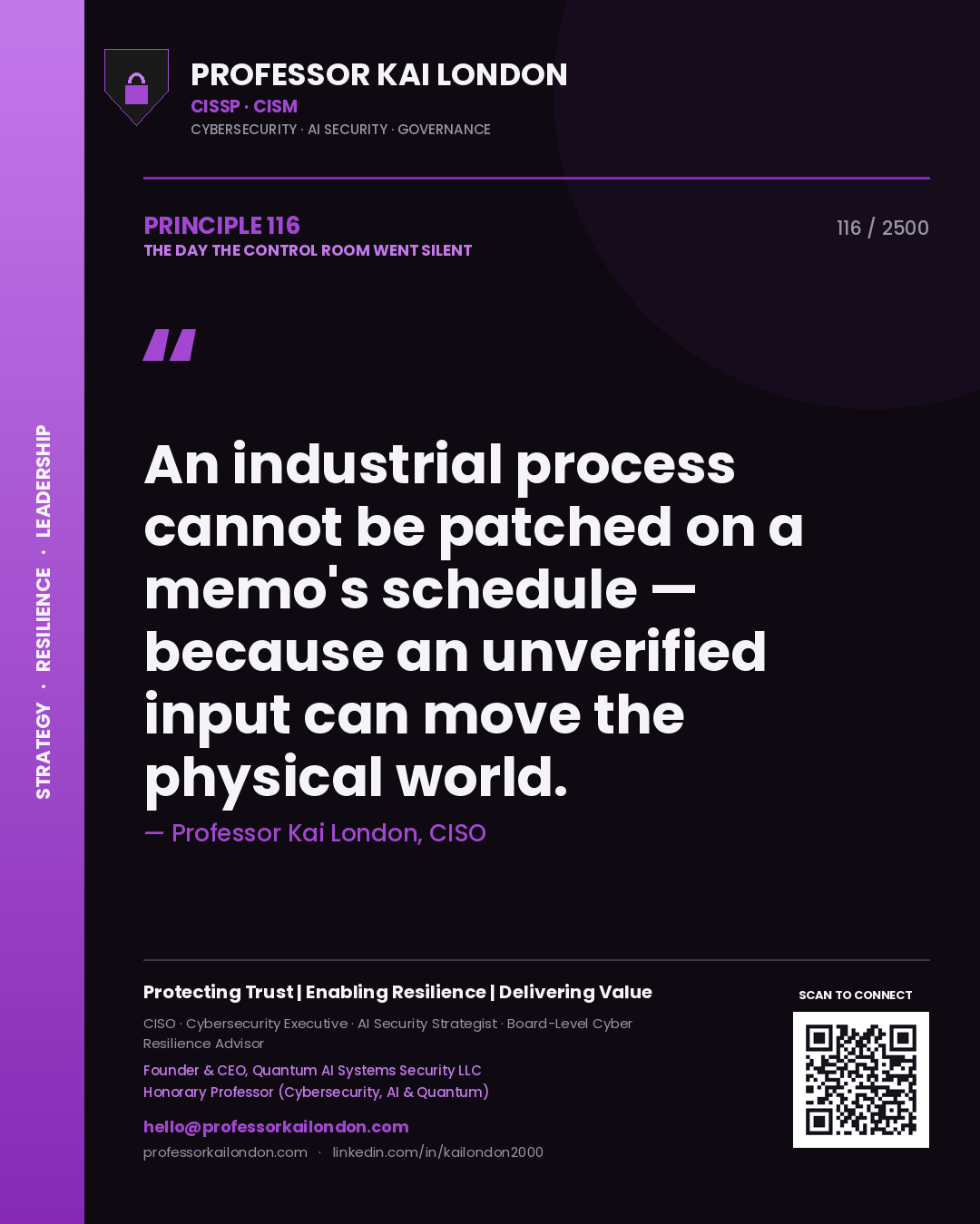 Professor Kai London principle 116: An industrial process cannot be patched on a memo's schedule — because an unverified input can move the physical world.