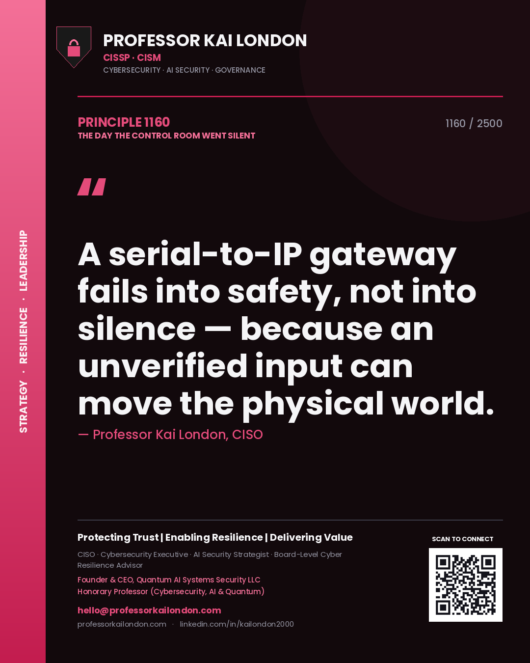 Professor Kai London principle 1160: A serial-to-IP gateway fails into safety, not into silence — because an unverified input can move the physical world.