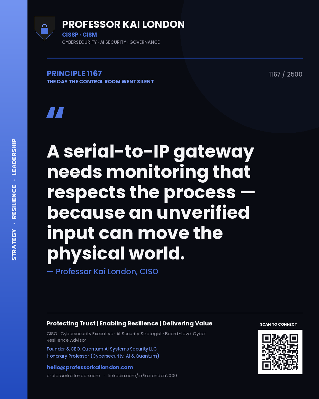 Professor Kai London principle 1167: A serial-to-IP gateway needs monitoring that respects the process — because an unverified input can move the physical world.