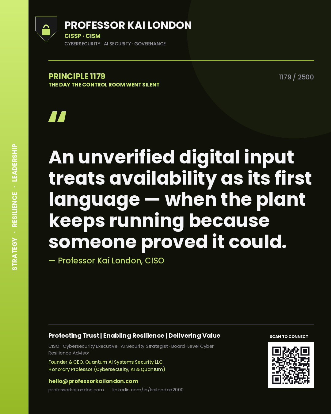 Professor Kai London principle 1179: An unverified digital input treats availability as its first language — when the plant keeps running because someone proved it could.