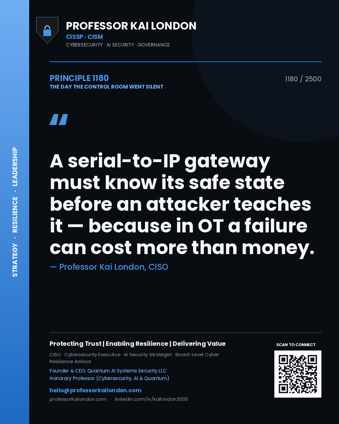 Professor Kai London principle 1180: A serial-to-IP gateway must know its safe state before an attacker teaches it — because in OT a failure can cost more than money.