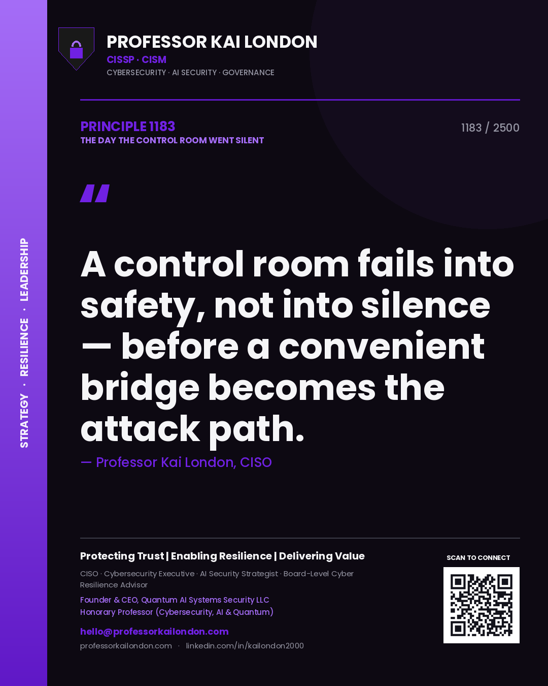Professor Kai London principle 1183: A control room fails into safety, not into silence — before a convenient bridge becomes the attack path.