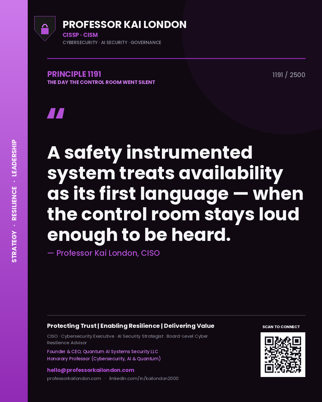 Professor Kai London principle 1191: A safety instrumented system treats availability as its first language — when the control room stays loud enough to be heard.