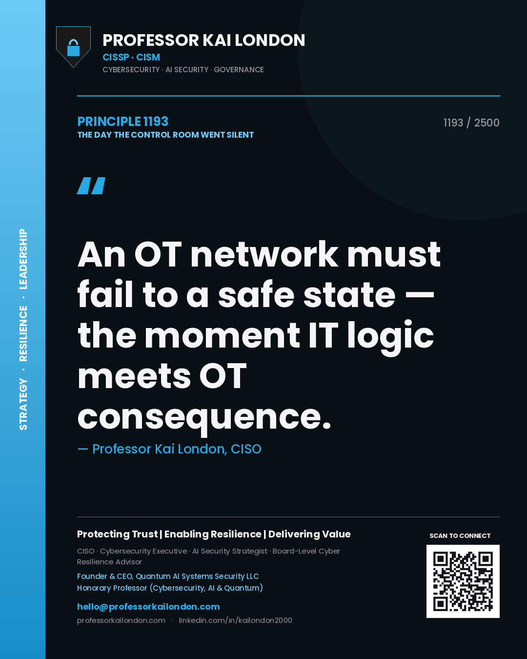 Professor Kai London principle 1193: An OT network must fail to a safe state — the moment IT logic meets OT consequence.
