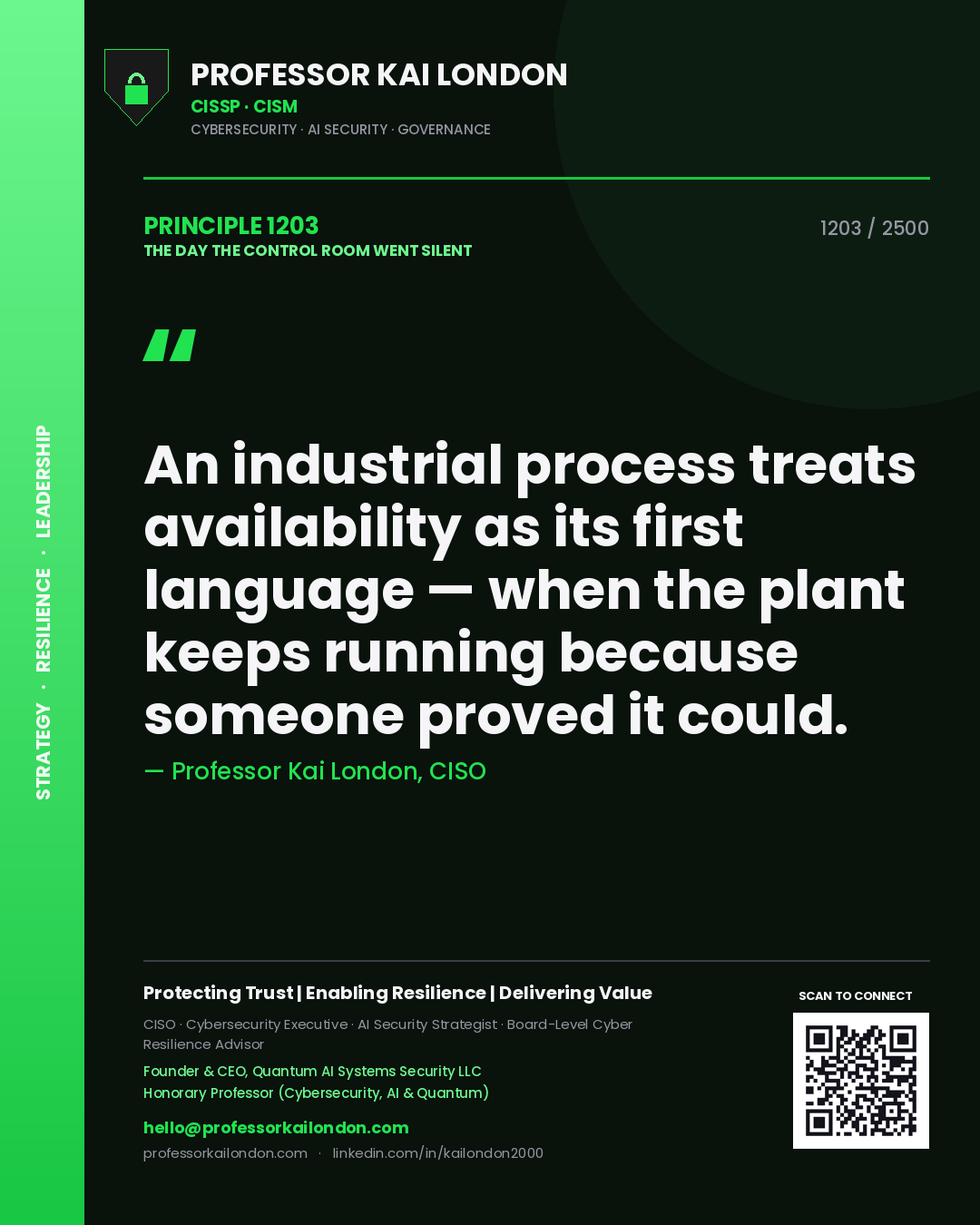Professor Kai London principle 1203: An industrial process treats availability as its first language — when the plant keeps running because someone proved it could.