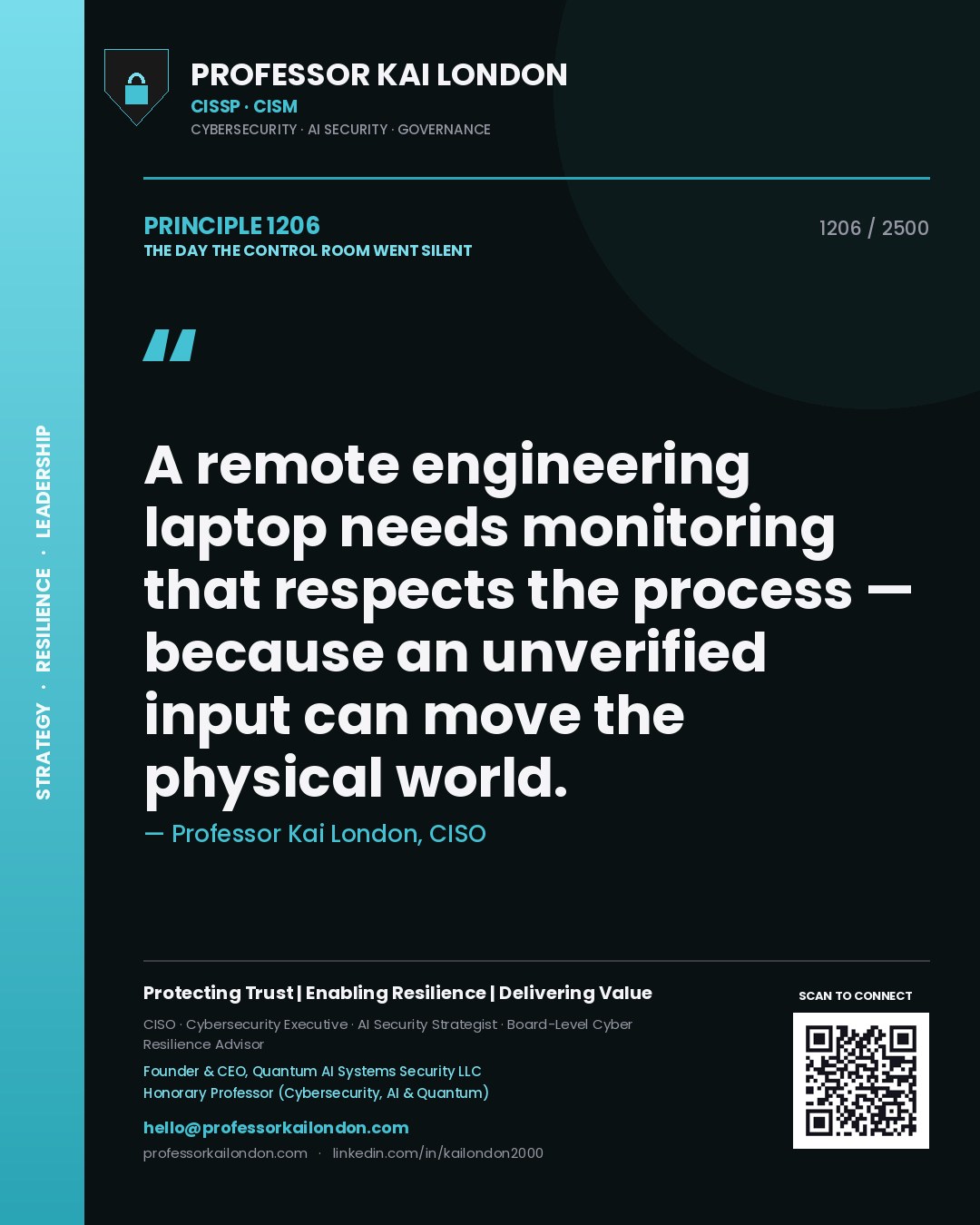 Professor Kai London principle 1206: A remote engineering laptop needs monitoring that respects the process — because an unverified input can move the physical world.