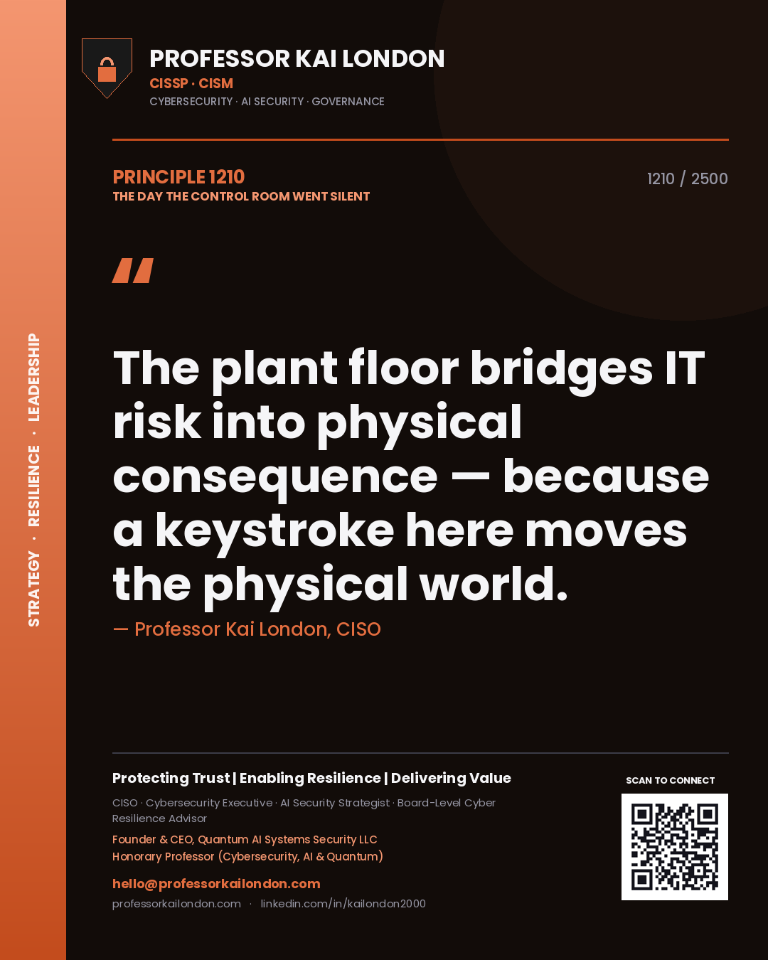 Professor Kai London principle 1210: The plant floor bridges IT risk into physical consequence — because a keystroke here moves the physical world.