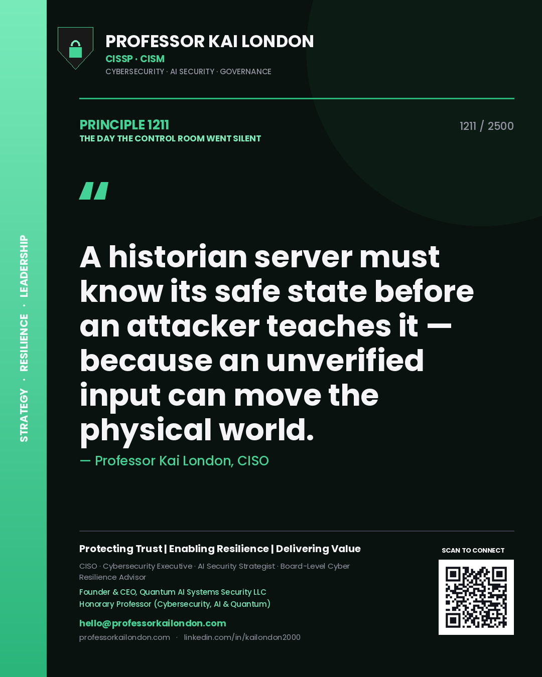 Professor Kai London principle 1211: A historian server must know its safe state before an attacker teaches it — because an unverified input can move the physical world.