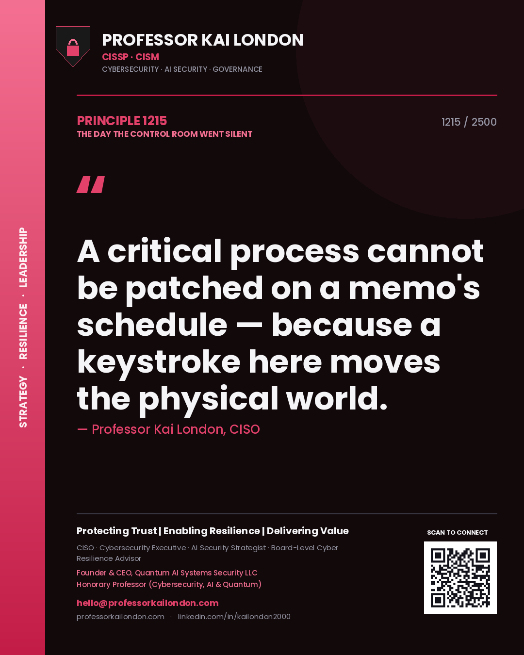 Professor Kai London principle 1215: A critical process cannot be patched on a memo's schedule — because a keystroke here moves the physical world.