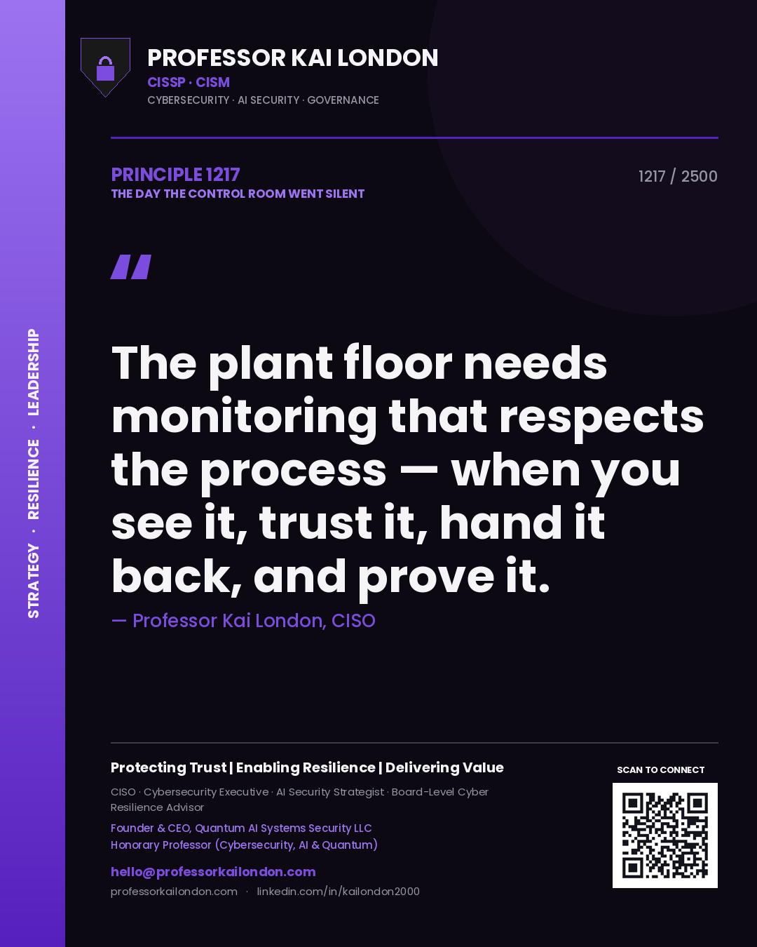 Professor Kai London principle 1217: The plant floor needs monitoring that respects the process — when you see it, trust it, hand it back, and prove it.