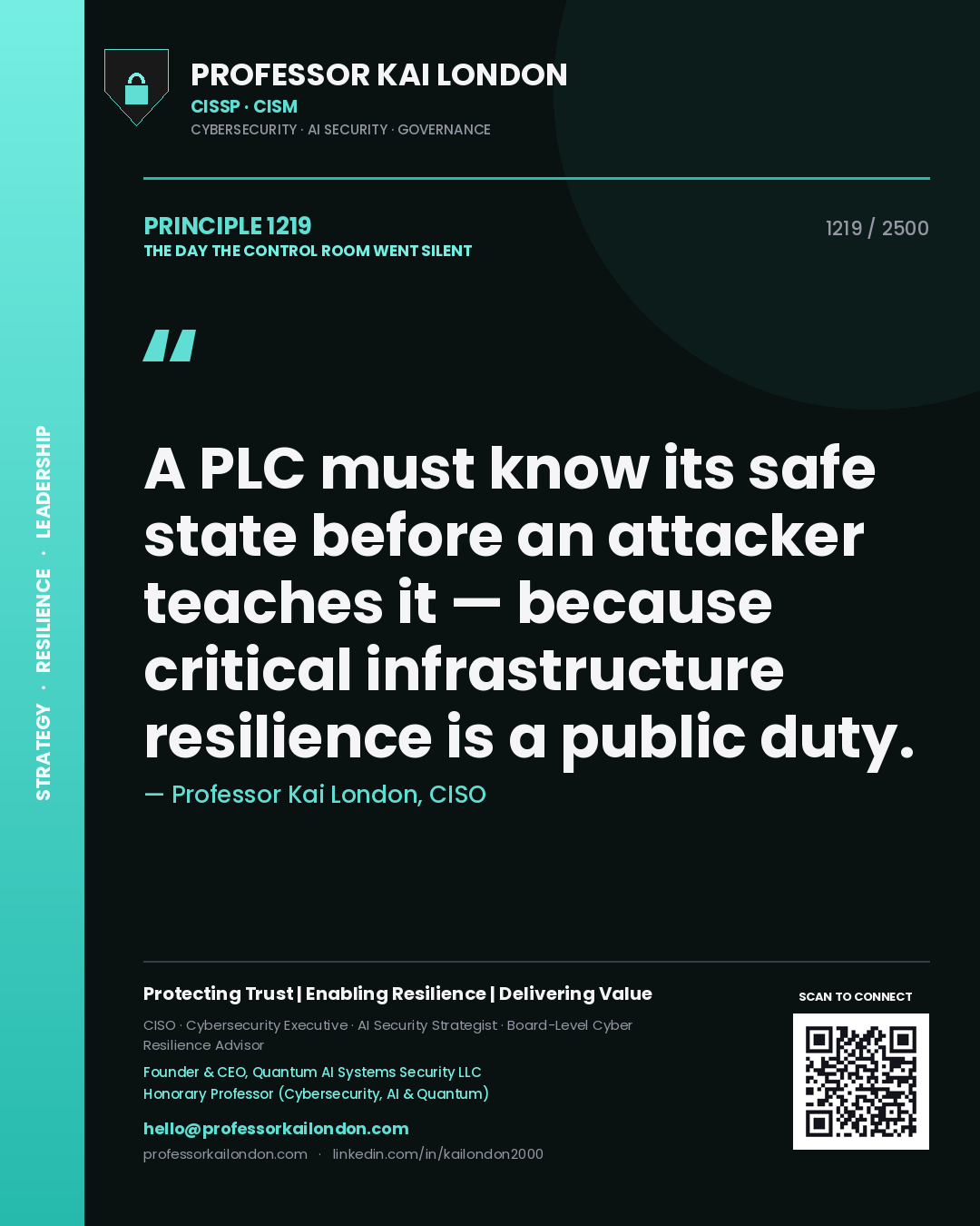 Professor Kai London principle 1219: A PLC must know its safe state before an attacker teaches it — because critical infrastructure resilience is a public duty.