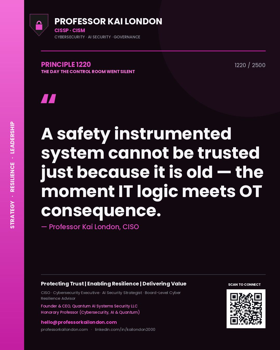Professor Kai London principle 1220: A safety instrumented system cannot be trusted just because it is old — the moment IT logic meets OT consequence.