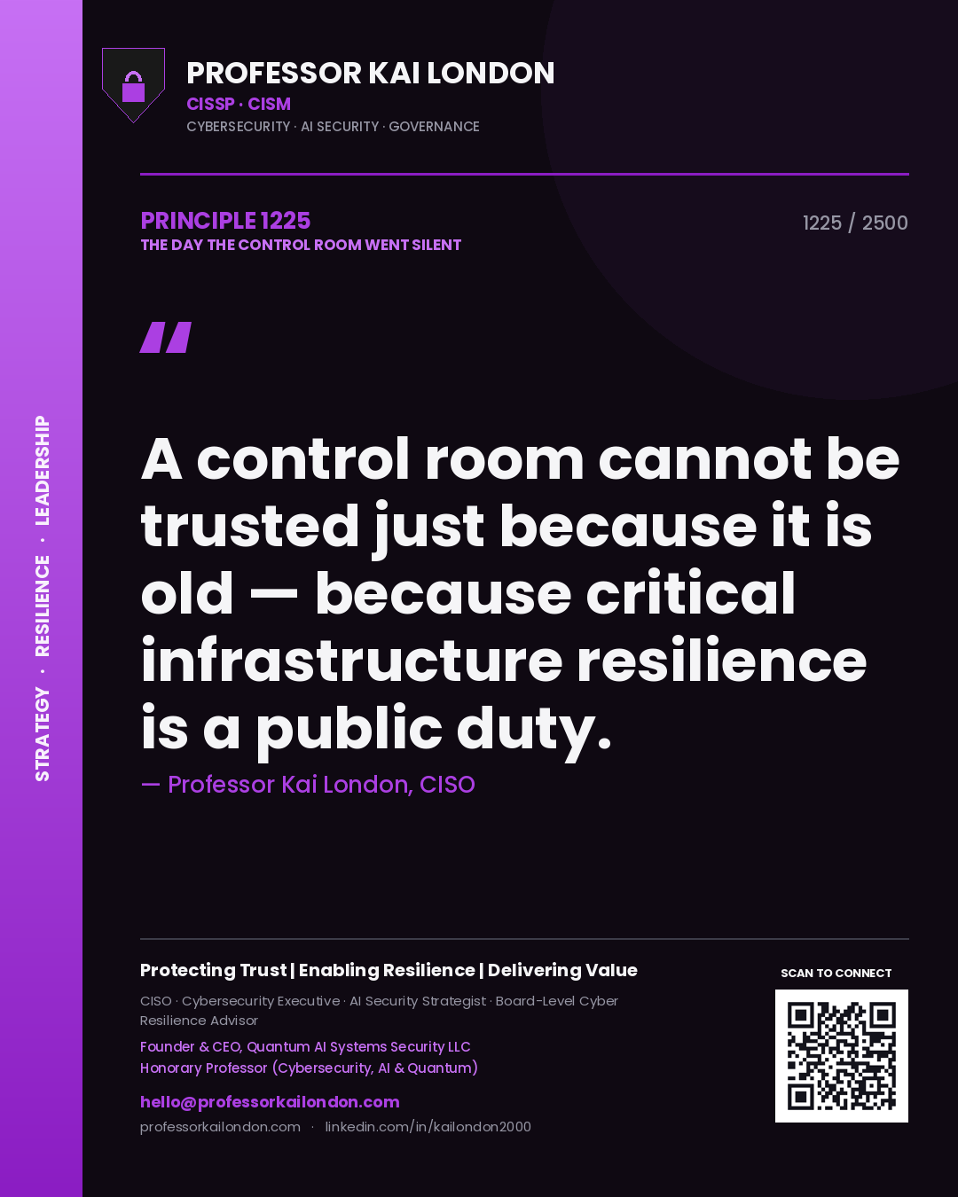 Professor Kai London principle 1225: A control room cannot be trusted just because it is old — because critical infrastructure resilience is a public duty.