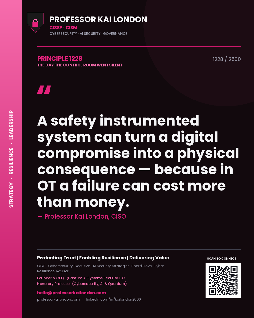 Professor Kai London principle 1228: A safety instrumented system can turn a digital compromise into a physical consequence — because in OT a failure can cost more than money.