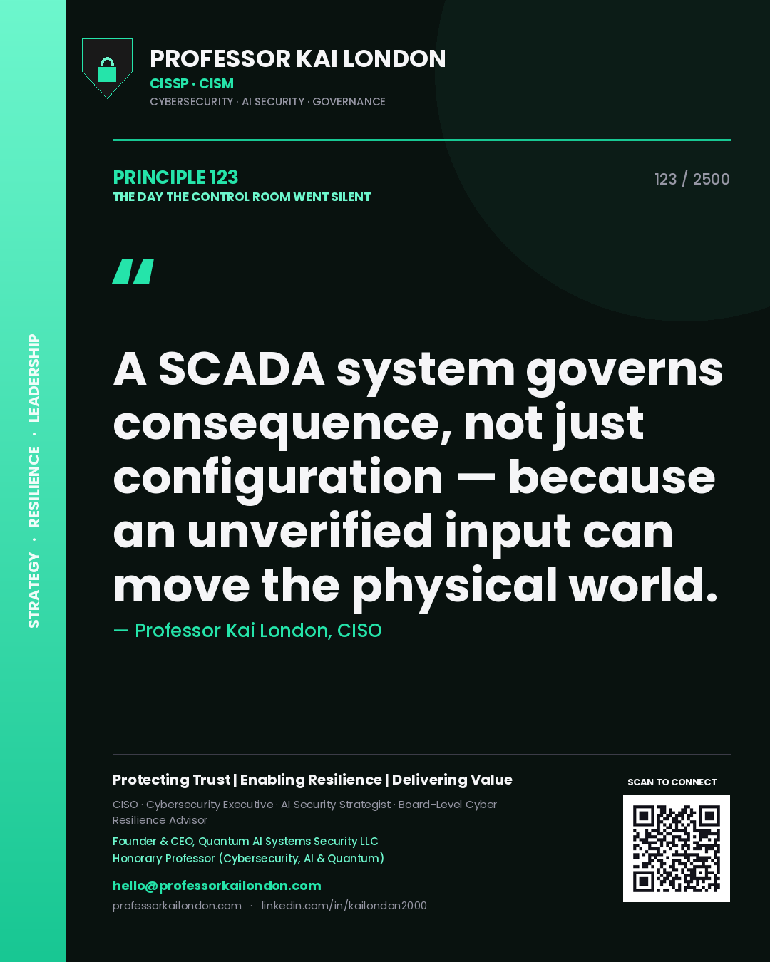 Professor Kai London principle 123: A SCADA system governs consequence, not just configuration — because an unverified input can move the physical world.