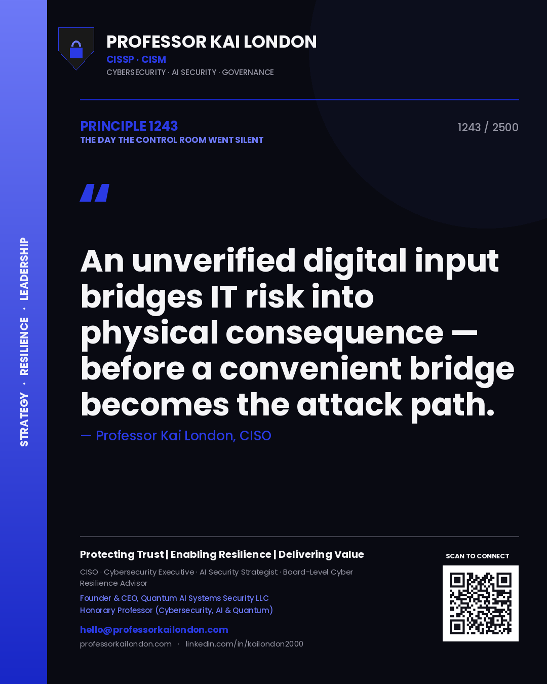 Professor Kai London principle 1243: An unverified digital input bridges IT risk into physical consequence — before a convenient bridge becomes the attack path.