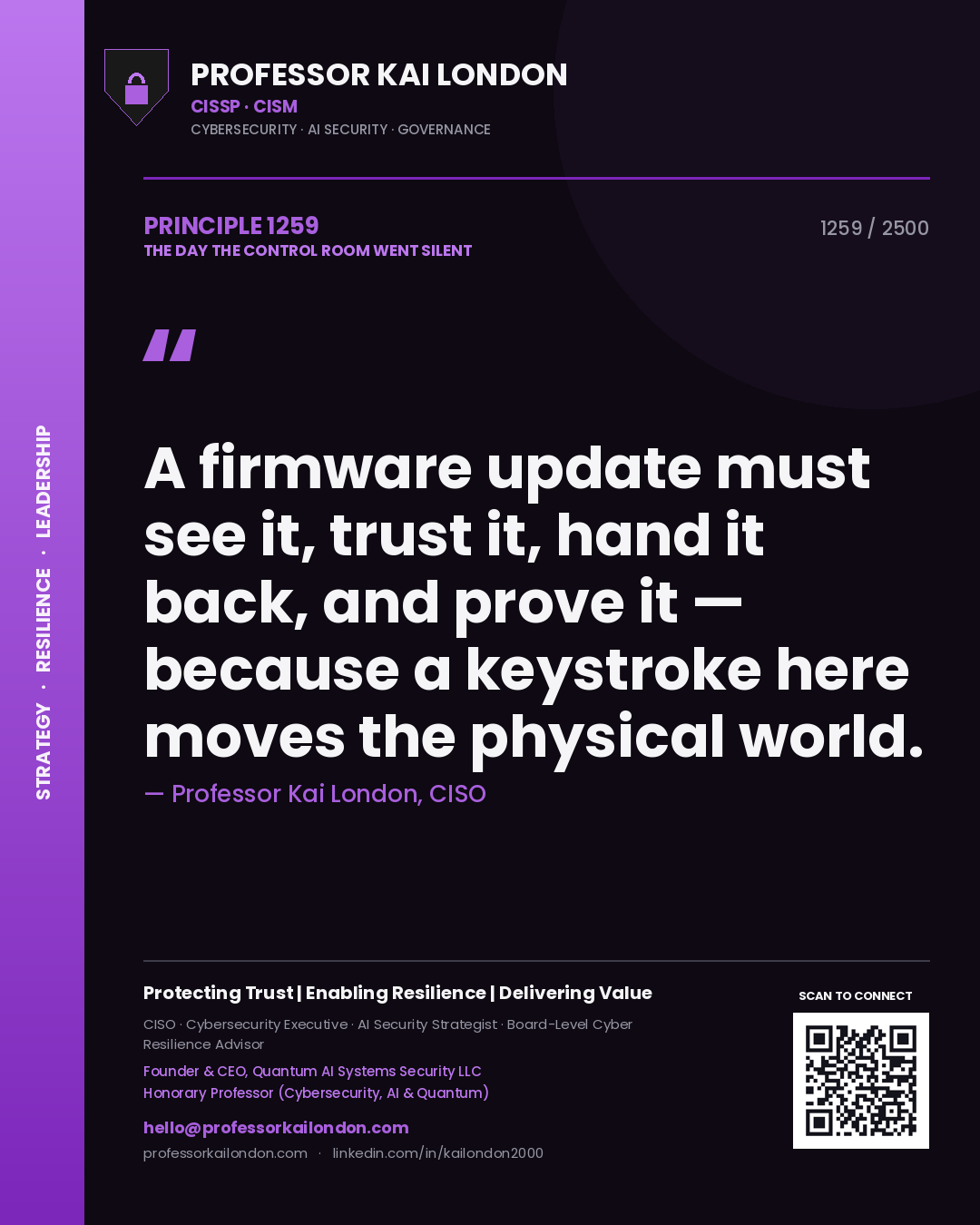 Professor Kai London principle 1259: A firmware update must see it, trust it, hand it back, and prove it — because a keystroke here moves the physical world.