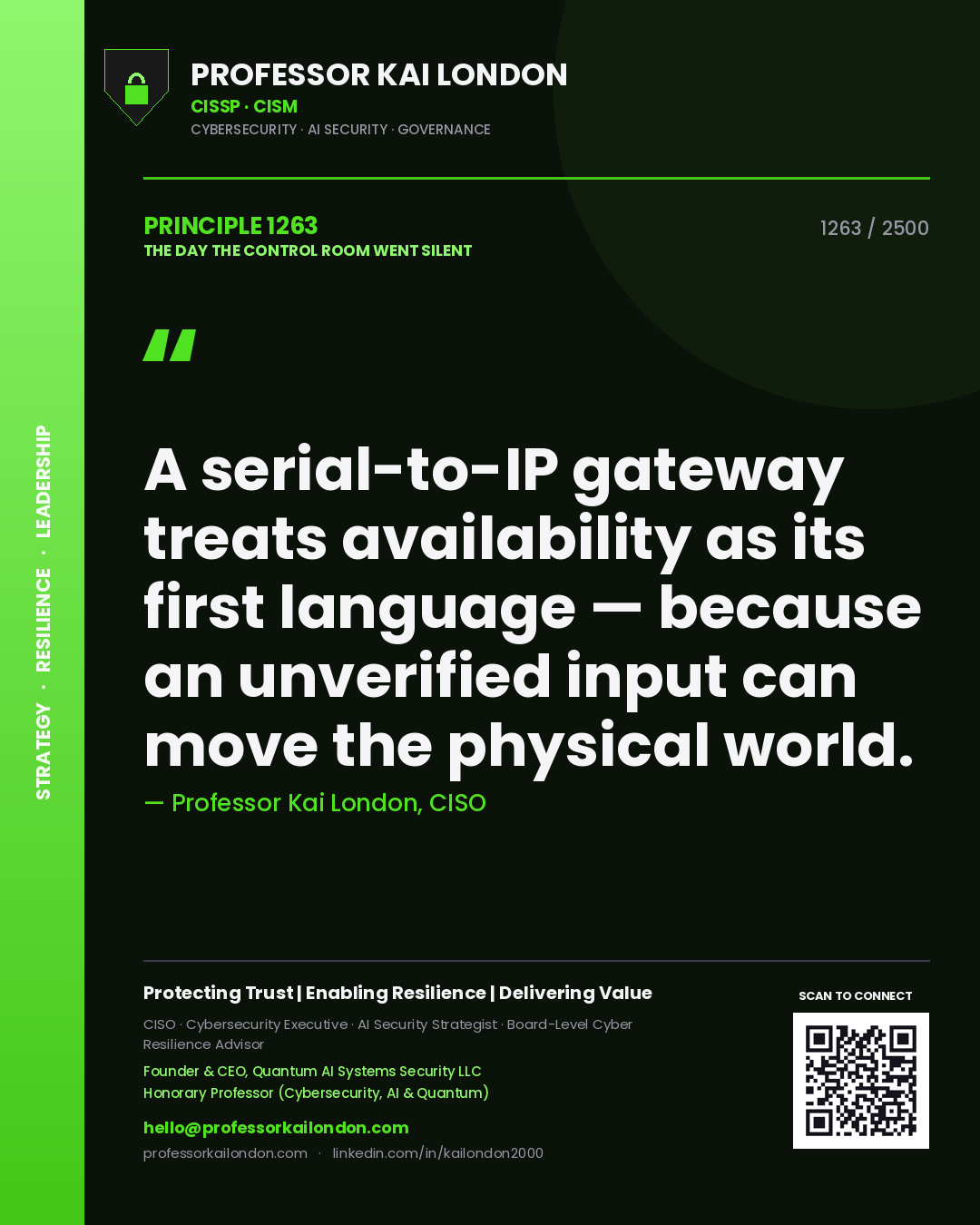 Professor Kai London principle 1263: A serial-to-IP gateway treats availability as its first language — because an unverified input can move the physical world.