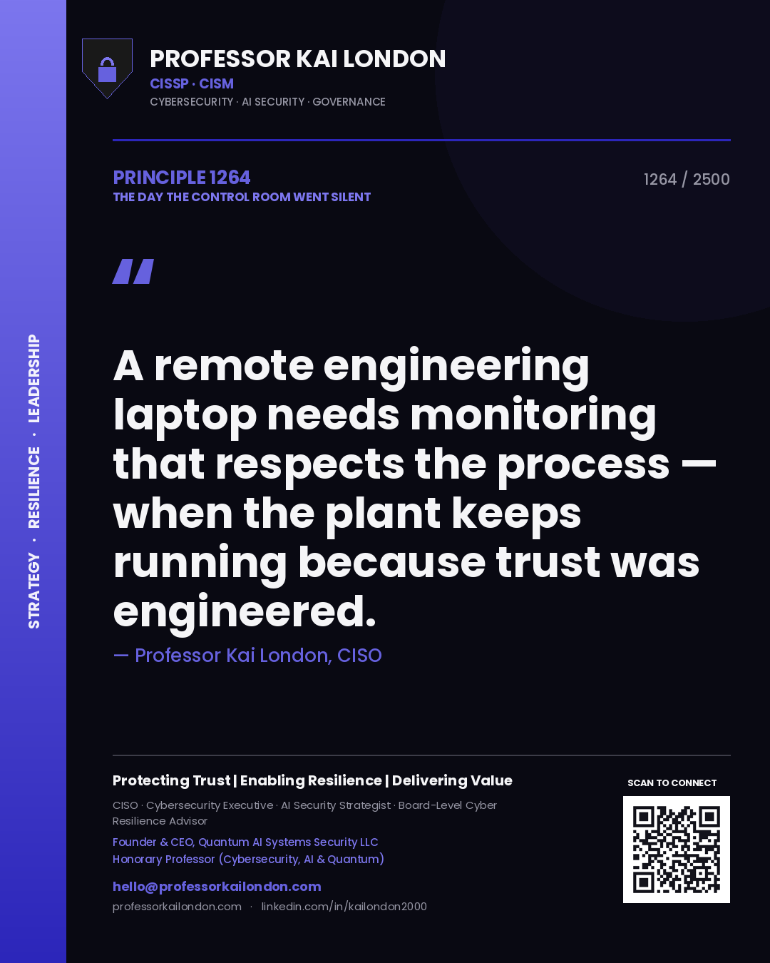 Professor Kai London principle 1264: A remote engineering laptop needs monitoring that respects the process — when the plant keeps running because trust was engineered.