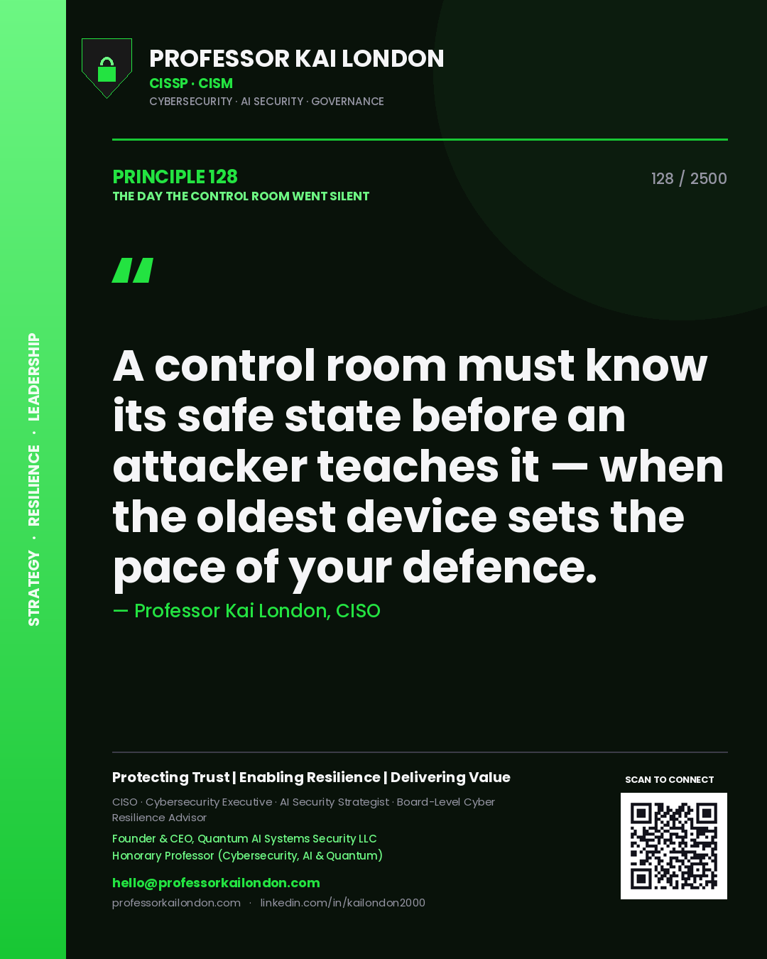 Professor Kai London principle 128: A control room must know its safe state before an attacker teaches it — when the oldest device sets the pace of your defence.