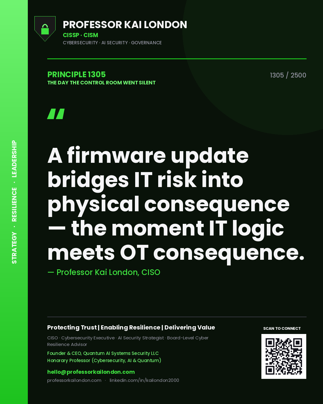 Quote card by Professor Kai London reading 'A firmware update bridges IT risk into physical consequence — the moment IT logic meets OT consequence.'. From the book The Day the Control Room Went Silent.