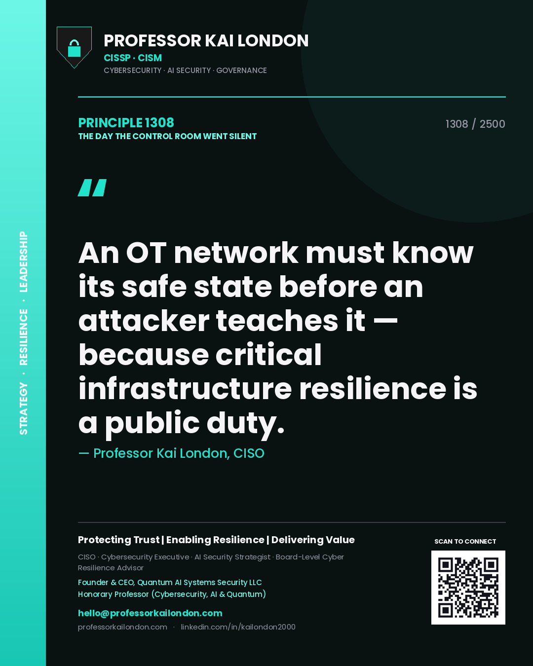 Quote card by Professor Kai London reading 'An OT network must know its safe state before an attacker teaches it — because critical infrastructure resilience is a public duty.'. From the book The Day the Control Room Went Silent.
