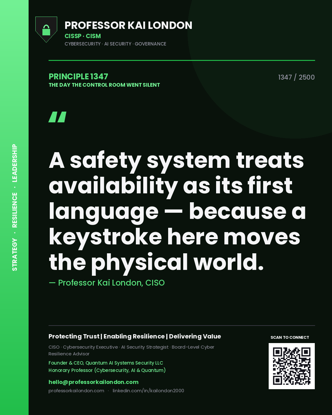 Professor Kai London principle 1347: A safety system treats availability as its first language — because a keystroke here moves the physical world.