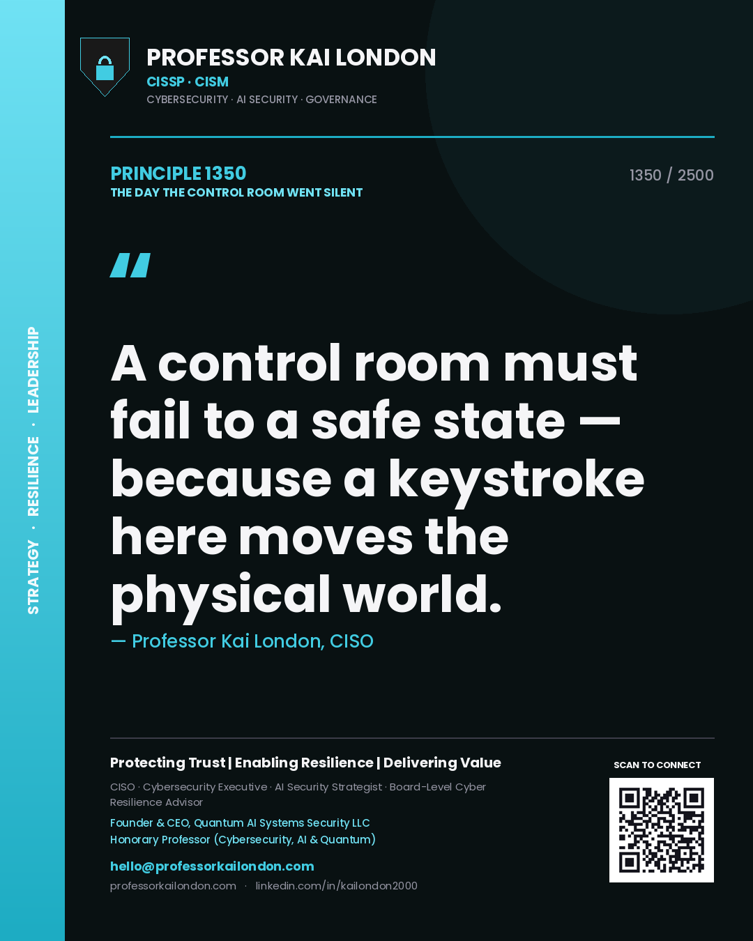 Quote card by Professor Kai London reading 'A control room must fail to a safe state — because a keystroke here moves the physical world.'. From the book The Day the Control Room Went Silent.