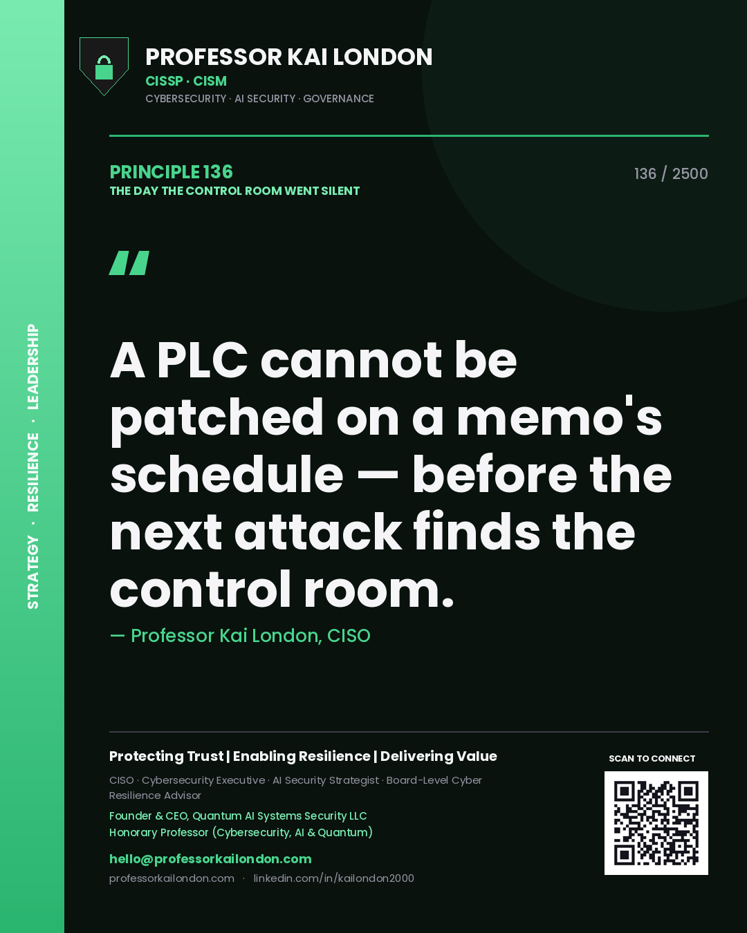 Professor Kai London principle 136: A PLC cannot be patched on a memo's schedule — before the next attack finds the control room.