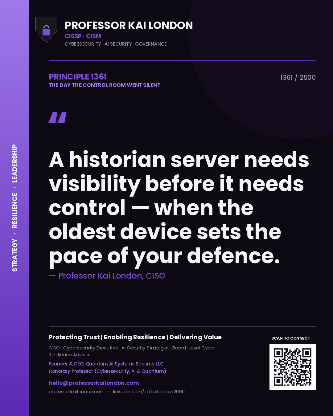 Quote card by Professor Kai London reading 'A historian server needs visibility before it needs control — when the oldest device sets the pace of your defence.'. From the book The Day the Control Room Went Silent.