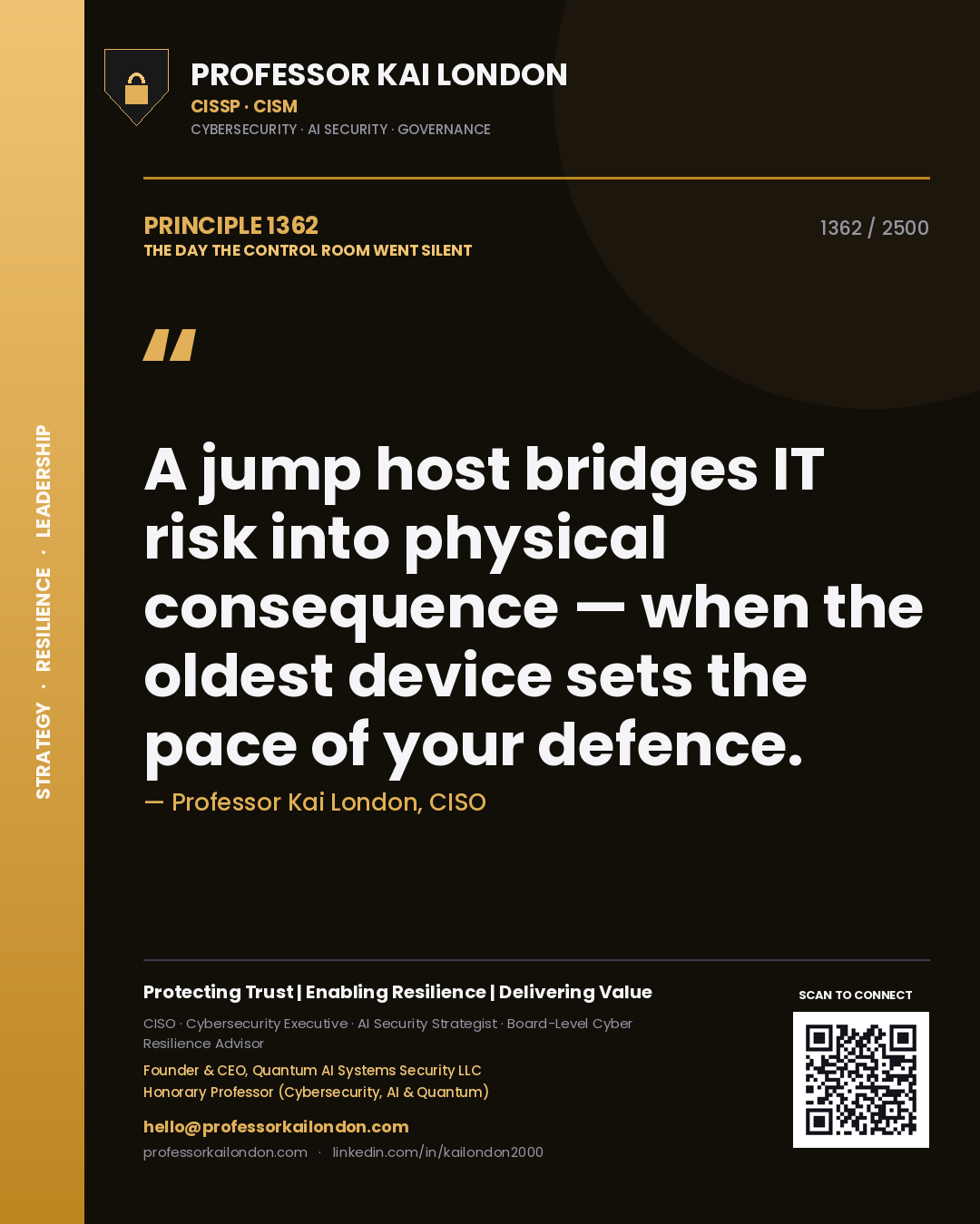 Quote card by Professor Kai London reading 'A jump host bridges IT risk into physical consequence — when the oldest device sets the pace of your defence.'. From the book The Day the Control Room Went Silent.