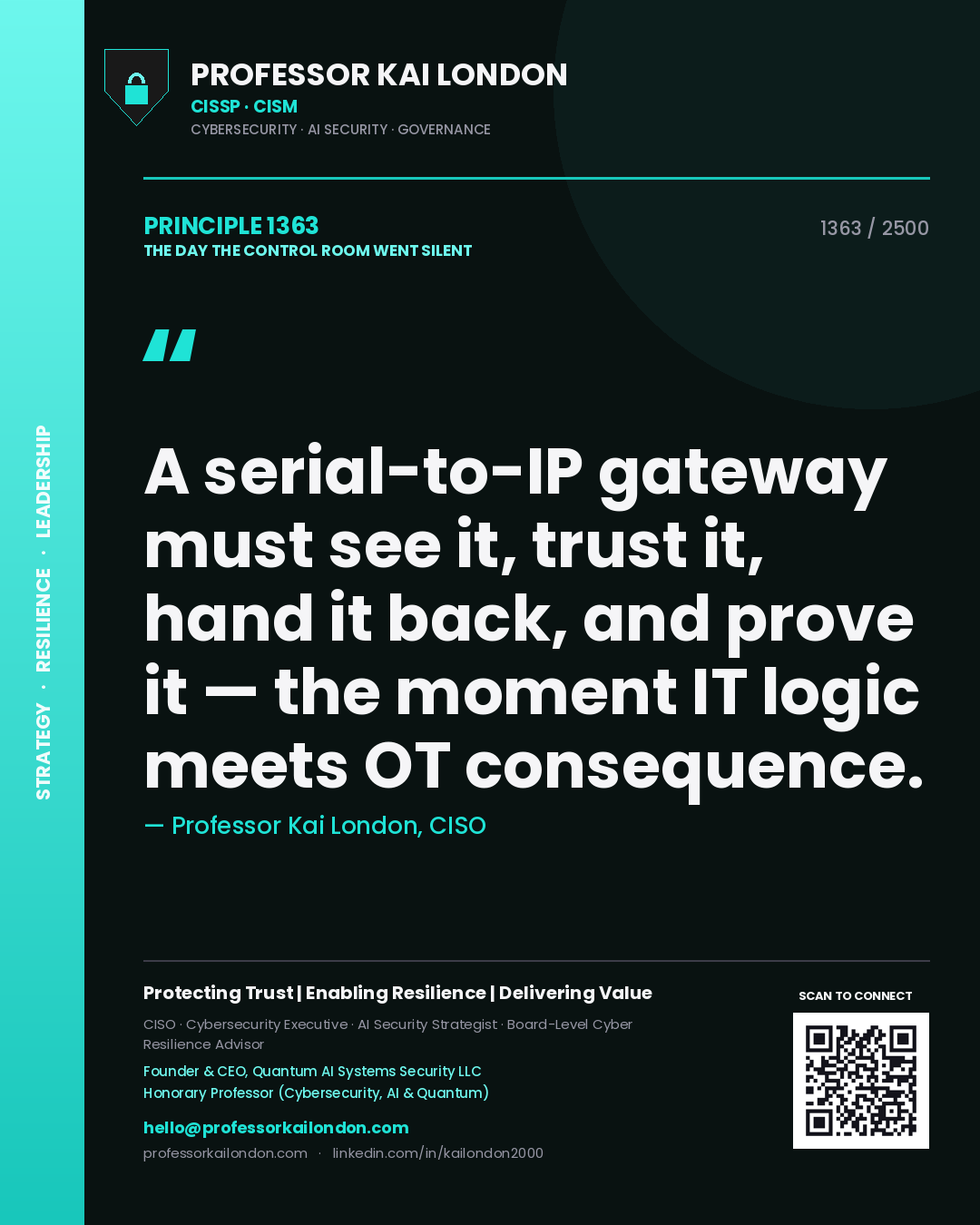Quote card by Professor Kai London reading 'A serial-to-IP gateway must see it, trust it, hand it back, and prove it — the moment IT logic meets OT consequence.'. From the book The Day the Control Room Went Silent.