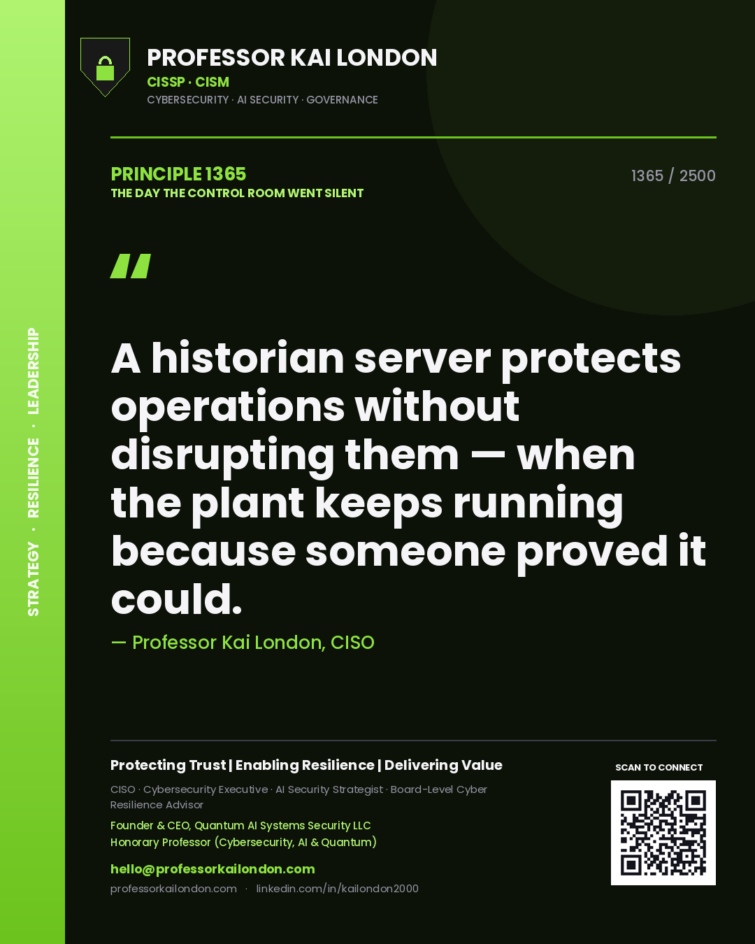 Quote card by Professor Kai London reading 'A historian server protects operations without disrupting them — when the plant keeps running because someone proved it could.'. From the book The Day the Control Room Went Silent.