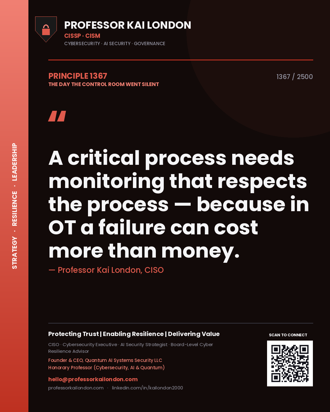 Quote card by Professor Kai London reading 'A critical process needs monitoring that respects the process — because in OT a failure can cost more than money.'. From the book The Day the Control Room Went Silent.