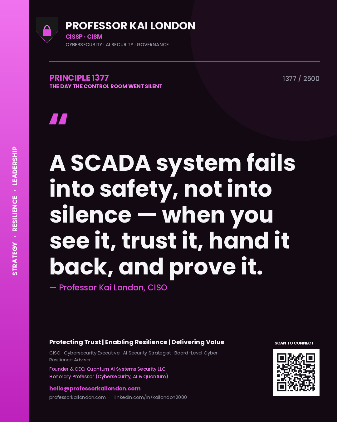 Quote card by Professor Kai London reading 'A SCADA system fails into safety, not into silence — when you see it, trust it, hand it back, and prove it.'. From the book The Day the Control Room Went Silent.