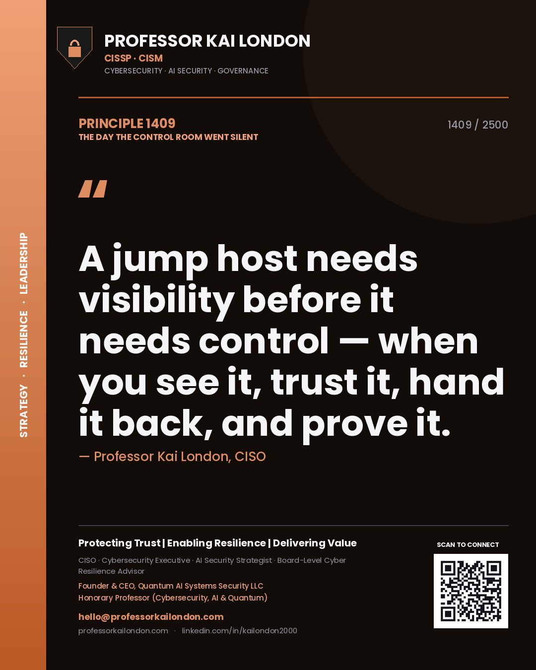 Professor Kai London principle 1409: A jump host needs visibility before it needs control — when you see it, trust it, hand it back, and prove it.
