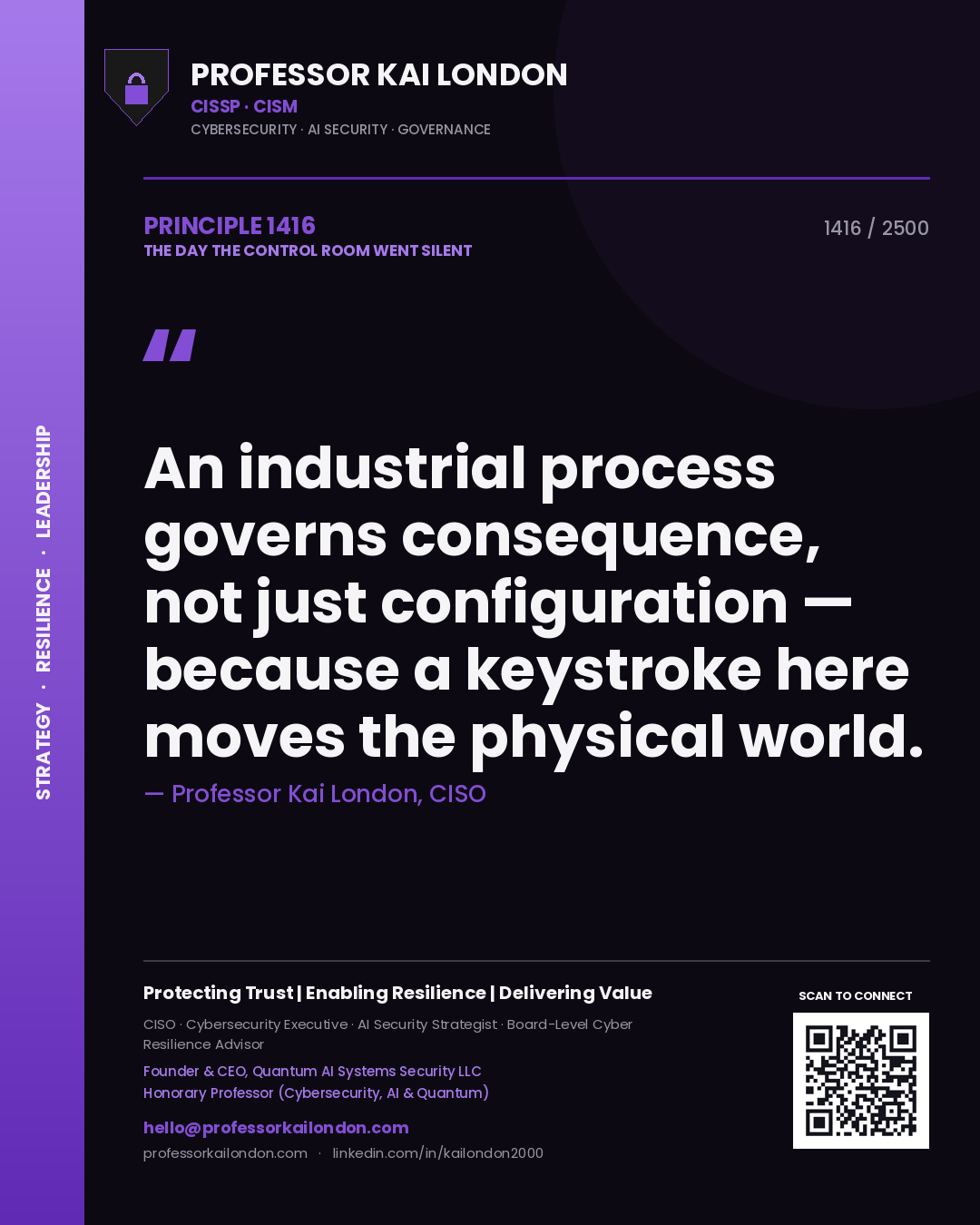 Professor Kai London principle 1416: An industrial process governs consequence, not just configuration — because a keystroke here moves the physical world.