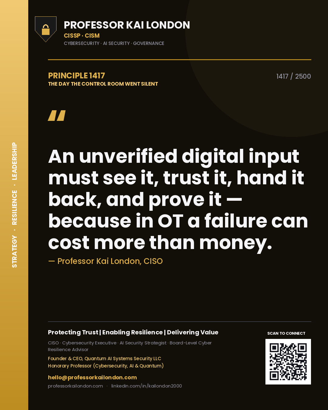Professor Kai London principle 1417: An unverified digital input must see it, trust it, hand it back, and prove it — because in OT a failure can cost more than money.