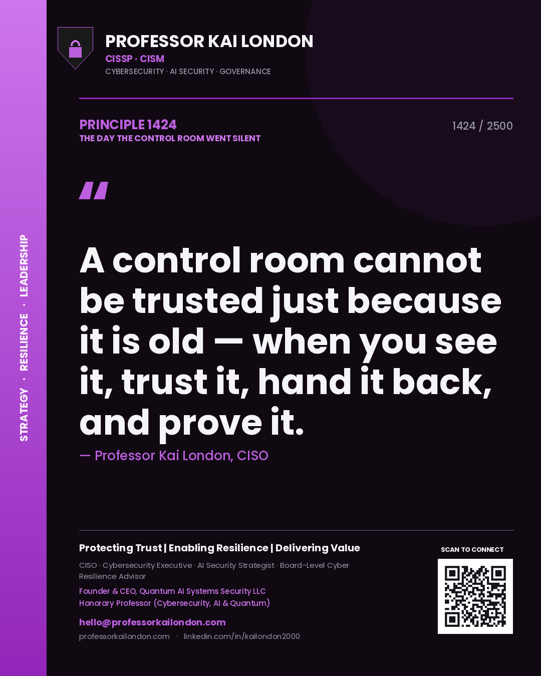 Professor Kai London principle 1424: A control room cannot be trusted just because it is old — when you see it, trust it, hand it back, and prove it.