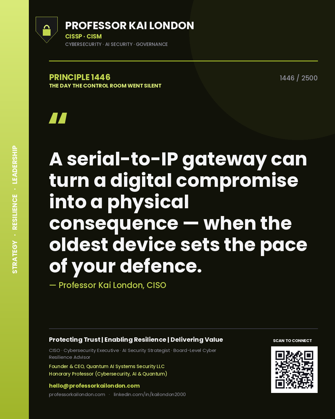 Professor Kai London principle 1446: A serial-to-IP gateway can turn a digital compromise into a physical consequence — when the oldest device sets the pace of your defence.